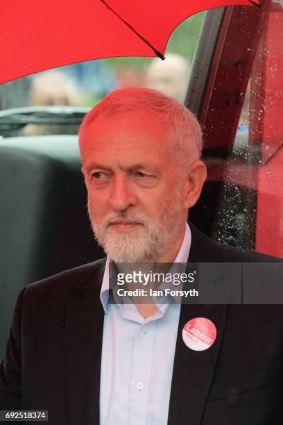 Labour Leader Jeremy Corbyn arrives on the campaign battle bus to speak to party supporters as he campaigns in Hemlington at the Detached Youth Work...