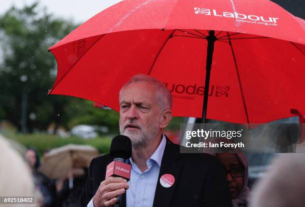 Labour Leader Jeremy Corbyn speaks to party supporters as he campaigns in Hemlington at the Detached Youth Work Project on June 5, 2017 in...