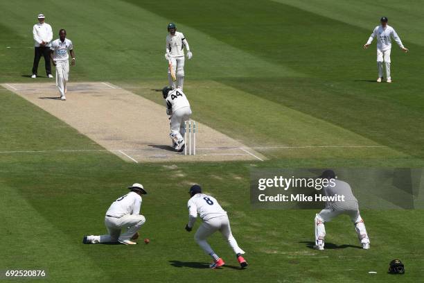 Sussex captain Chris Nash at second slip fails to hold on to a chance offered by Ross Whiteley of Worcestershire off the bowling of Jofra Archer...