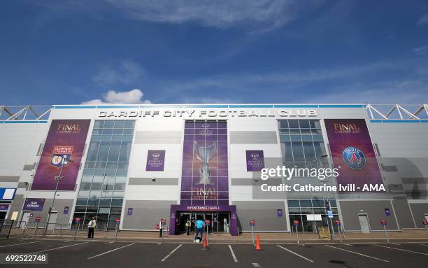 Womens champions league signage on cardiff city stadium during the UEFA Women's Champions League Final match between Lyon and Paris Saint Germain at...