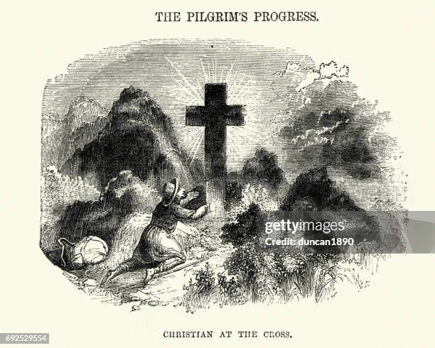 the pilgrim's progress - christian at the cross - pilgrim stock illustrations