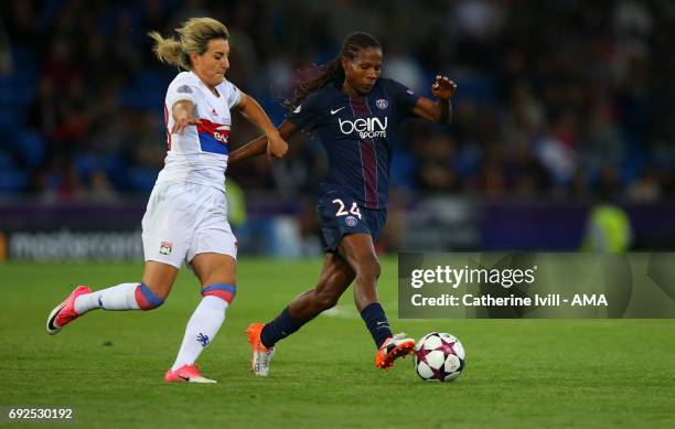 Claire Lavogez of Olympique Lyonnais and Formiga of PSG during the UEFA Women's Champions League Final match between Lyon and Paris Saint Germain at...