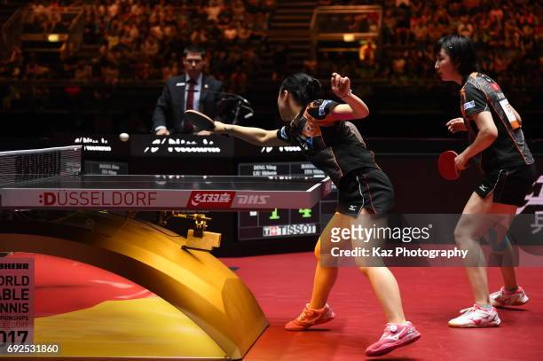 Mima Ito and Hina Hayata of Japan play the final of women doubles at Messe Duesseldorf on June 5, 2017 in Dusseldorf, Germany.