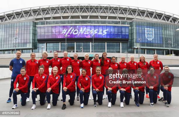 The England squad line up outside the stadium during an England Women Euro 2017 media day at Wembley Stadium on June 5, 2017 in London, England.