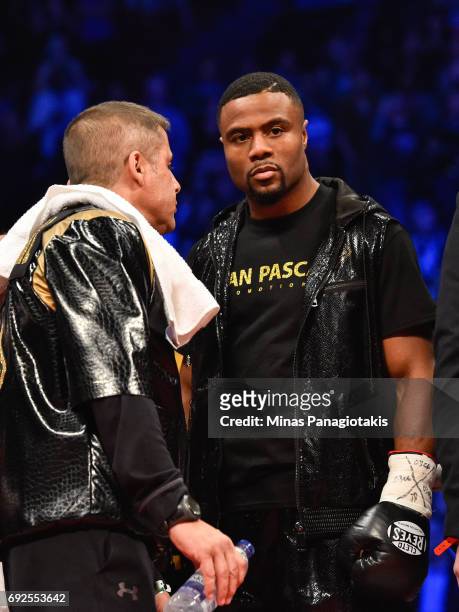 Jean Pascal looks on against Eleider Alvarez prior to the WBC light heavyweight silver championship match at the Bell Centre on June 3, 2017 in...
