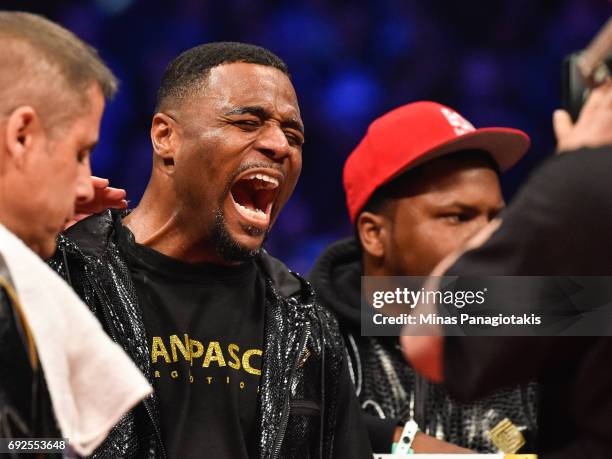 Jean Pascal reacts against Eleider Alvarez prior to the WBC light heavyweight silver championship match at the Bell Centre on June 3, 2017 in...