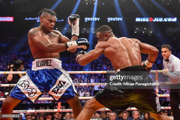 Eleider Alvarez defends himself against Jean Pascal during the WBC light heavyweight silver championship match at the Bell Centre on June 3, 2017 in...