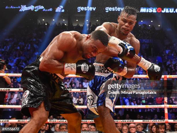 Eleider Alvarez connects with a punch against Jean Pascal during the WBC light heavyweight silver championship match at the Bell Centre on June 3,...