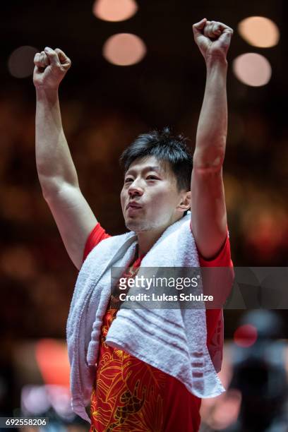Ma Long of China celebrates after winning the Men's Singles Final match of the Table Tennis World Championship at Messe Duesseldorf on June 5, 2017...