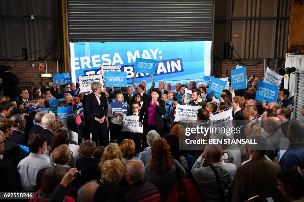 British Prime Minister Theresa May and Scottish Conservative and Unionist Party leader Ruth Davidson speak during a general election campaign visit...