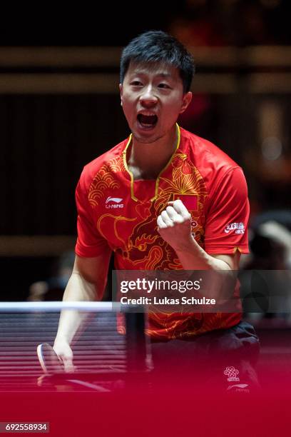 Ma Long of China celebrates during the Men's Singles Final match of the Table Tennis World Championship at Messe Duesseldorf on June 5, 2017 in...