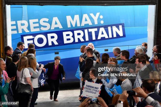 Scottish Conservative and Unionist Party leader Ruth Davidson arrives to speak during a general election campaign visit to a removals depot in...