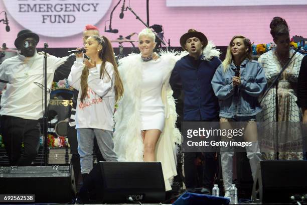 Free for editorial use. In this handout provided by 'One Love Manchester' benefit concert will.i.am, Taboo, Ariana Grande, Katy Perry, Niall Horan,...