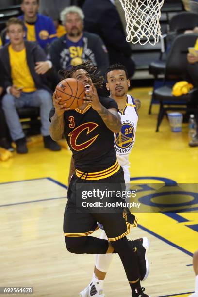 Derrick Williams of the Cleveland Cavaliers shoots the ball against the Golden State Warriors in Game Two of the 2017 NBA Finals on June 4, 2017 at...