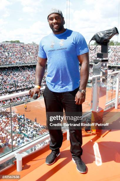 Judoka Teddy Riner poses at France Television french chanel studio during the 2017 French Tennis Open - Day Height at Roland Garros on June 4, 2017...