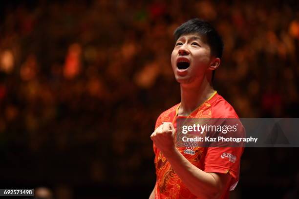 Ma Long of China celebrates a point during the Table Tennis World Championship Men's Singles Final between Ma Long and Fan Zhendong at Messe...