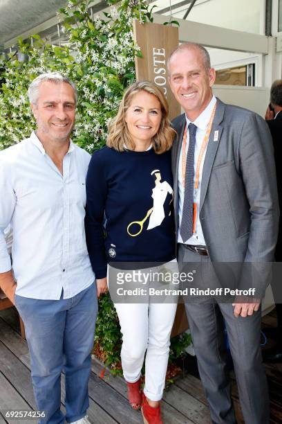 Rugby player Yann Delaigue, journalist Astrid Bard and Director of Roland Garros tournament, Guy Forget attend the 2017 French Tennis Open - Day...