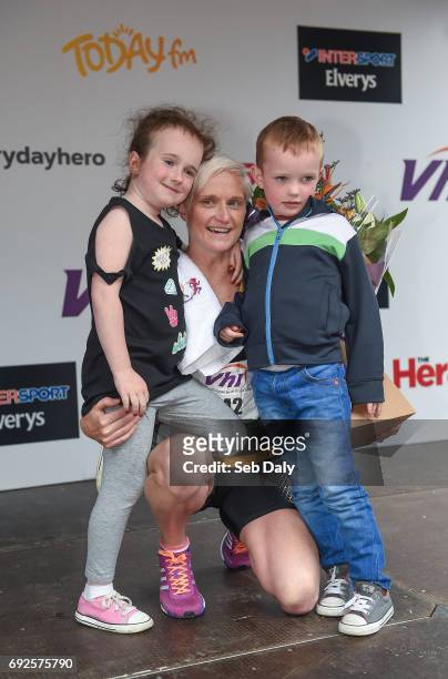 Dublin , Ireland - 5 June 2017; Winner Anne Marie McGlynn from Strabane, Co. Tyrone, with her children. Lexie, age 7, and Alfie, age 5, after the VHI...