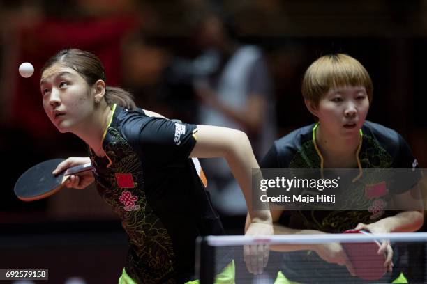 Meng Chen of China and Yuling Zhu of China in action during Women's Doubles Finals at Table Tennis World Championship at Messe Duesseldorf on June 5,...