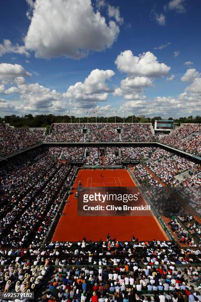View of Court Chatrier during the men's singles fourth round match between Stan Wawrinka of Switzerland and Gael Monfils of France on day nine of the...
