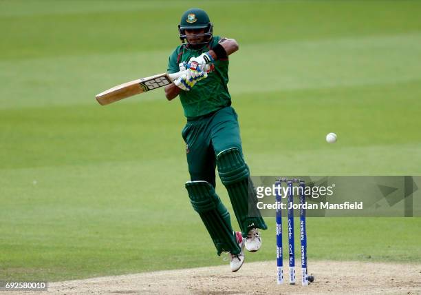 Sabbir Rahman of Bangladesh bats during the ICC Champions Trophy match between Australia and Bangladesh at The Kia Oval on June 5, 2017 in London,...