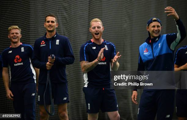 Sam Billings, Alex Hales, Ben Stokes and Joe Root of England react during a net session at the Swalec Stadium ahead of the ICC Champions Trophy match...