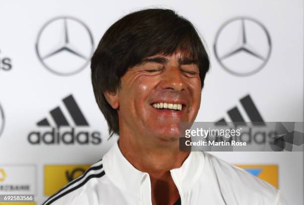 Joachim Loew head coach of Germany laughs during a Germany press conference ahead of their international friendly match against Denmark at Brondby...
