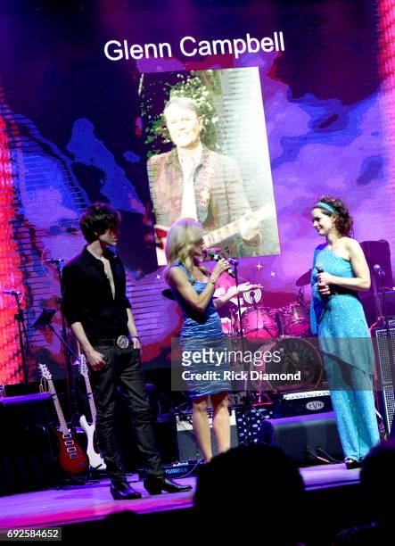 Shannon Campbell, Kimberly Campbell, and Kimberly Williams Paisley speak onstage during the Nashville Disco Party Benefiting Alzheimer's Association...