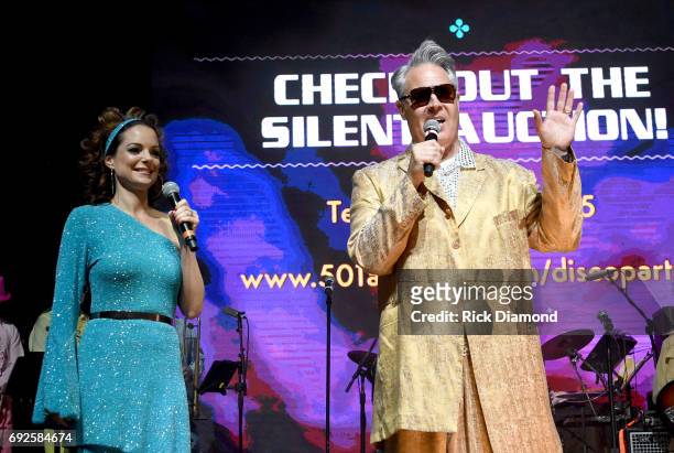 Kimberly Williams Paisley and Blair Garner speak onstage during the Nashville Disco Party Benefiting Alzheimer's Association on June 4, 2017 in...