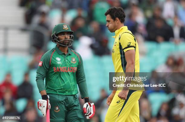 Mitchell Starc of Australia blows his cheeks out after he takes the wicket of Tamin Iqbal Khan of Bangladesh during the ICC Champions Trophy Group A...