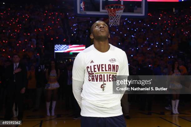 James Jones of the Cleveland Cavaliers during the national anthem before the game against the Golden State Warriors in Game Two of the 2017 NBA...