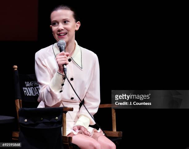 Actress Millie Bobby Brown speaks during the SAG-AFTRA Foundation Conversations: "Stranger Things" at SAG-AFTRA Foundation Robin Williams Center on...