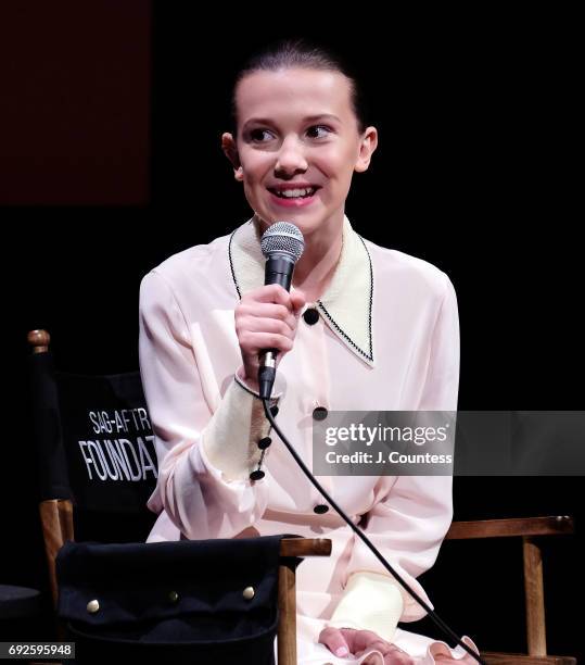 Actress Millie Bobby Brown speaks during the SAG-AFTRA Foundation Conversations: "Stranger Things" at SAG-AFTRA Foundation Robin Williams Center on...