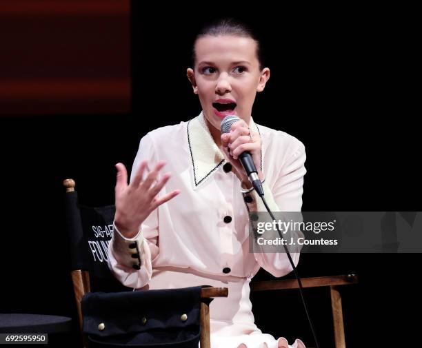 Actress Millie Bobby Brown speaks during the SAG-AFTRA Foundation Conversations: "Stranger Things" at SAG-AFTRA Foundation Robin Williams Center on...