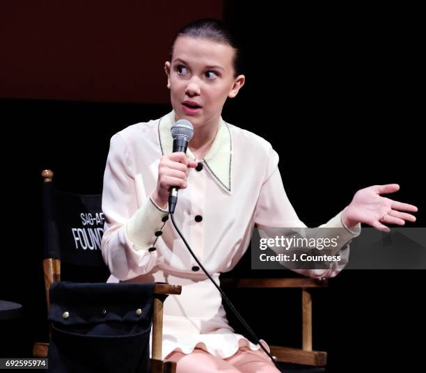 Actress Millie Bobby Brown speaks during the SAG-AFTRA Foundation Conversations: "Stranger Things" at SAG-AFTRA Foundation Robin Williams Center on...