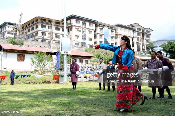 Princess Mako of Akishino tries a Bhutanese Darts on June 3, 2017 in Thimphu, Bhutan.