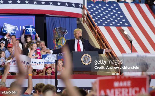 President Trump addresses an enthusiastic crowd of supporters at a rally on April 29, 2017 in Harrisburg, Pennsylvania. President Trump celebrated...