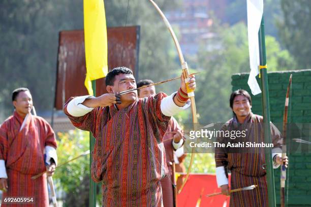 Traditional Bhutanese archery is demonstrated in front of Princess Mako of Akishino on June 3, 2017 in Thimphu, Bhutan.