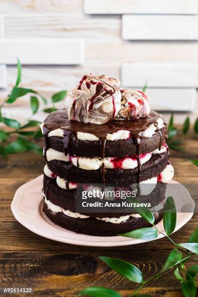 homemade chocolate cake with mascarpone cream, cherry and chocolate sauce and meringues on a plate, selective focus - black forest gateau stock-fotos und bilder