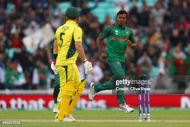 Rubel Hossain of Bangladesh celebrates the wicket of Aaron Finch of Australia during the ICC Champions trophy cricket match between Australia and...