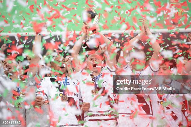 Vadis Odjidja Ofoe, Adam Hlousek celebrate winning Polish Championship after Lotto Ekstraklasa game between Legia Warsaw and Lechia Gdansk at the...