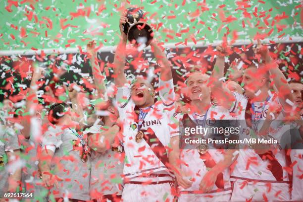 Vadis Odjidja Ofoe celebrate winning Polish Championship after Lotto Ekstraklasa game between Legia Warsaw and Lechia Gdansk at the Pepsi Arena on...