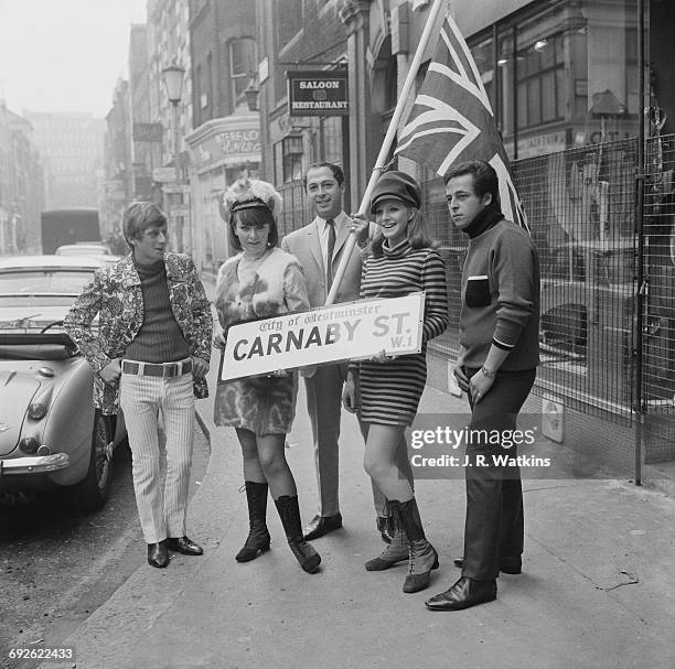 Carnaby Street fashion designers in London, before heading off to Florence - Jeff Marks, Liz Gold, Warren Gold and Jackie Benton, 9th October 1966.