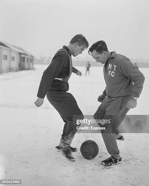 Dave Bowen , manager of Northampton Town F.C., training with Graham Moore , UK, 21st September 1966.