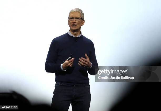 Apple CEO Tim Cook delivers the opening keynote address the 2017 Apple Worldwide Developer Conference at the San Jose Convention Center on June 5,...