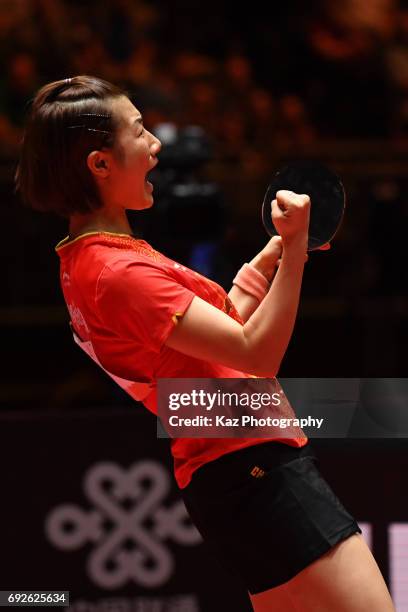 Ding Ning of China celebrates the win during the Table Tennis World Championship Women's Doubles Final between Ding Ning/Liu Shiwen of China and Chen...