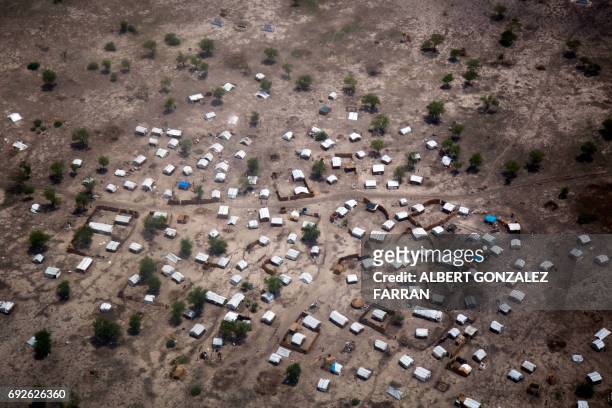 Aerial view of the new settlement of displaced families in Aburoc, South Sudan on June 5, 2017. Government offensives on the West Bank of the Nile...