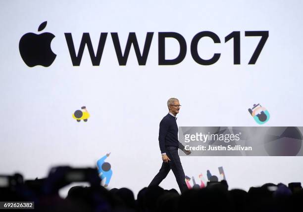 Apple CEO Tim Cook delivers the opening keynote address the 2017 Apple Worldwide Developer Conference at the San Jose Convention Center on June 5,...