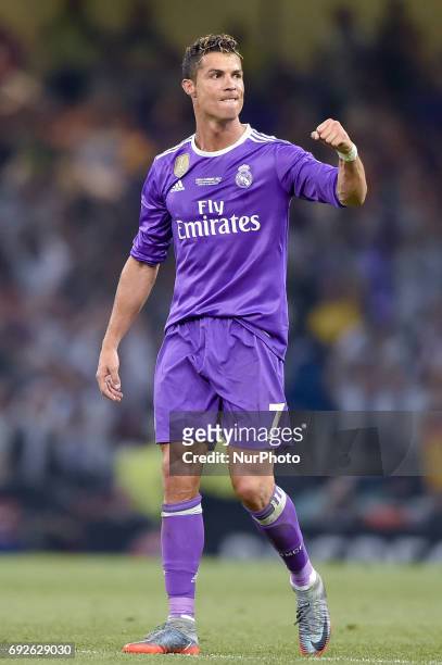 Cristiano Ronaldo of Real Madrid celebrates scoring third goal during the UEFA Champions League Final match between Real Madrid and Juventus at the...