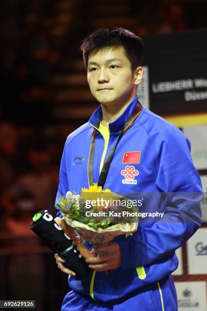 Fan Zhendong of China wins the silver medal in the Men's Single during the Table Tennis World Championship at Messe Duesseldorf on June 5, 2017 in...